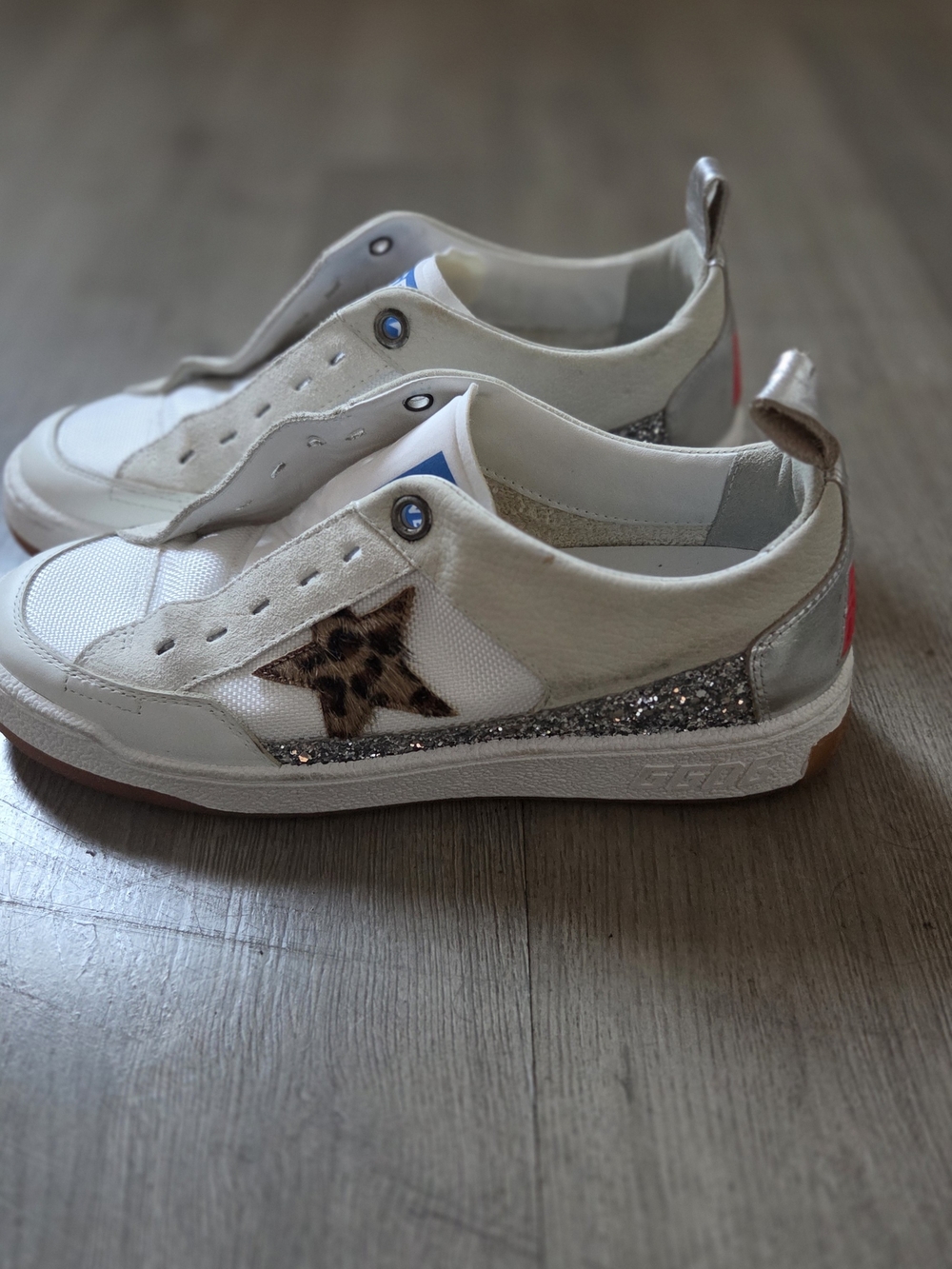 YEAH Golden Goose White Sneakers with Leopard Star and Silver Glitter Heel
